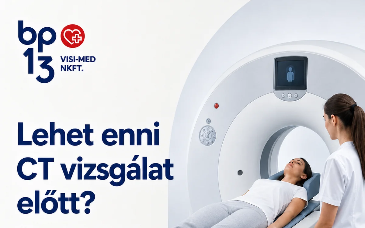 Páciens a CT-készüléken, mellette asszisztens a VISI-MED CT-MR Centrumában